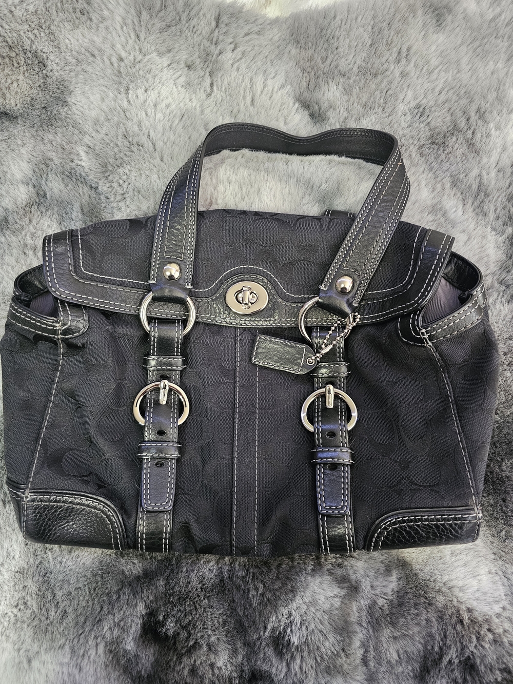 Coach Black Signature Jacquard Shoulder Bag with Silver Hardware